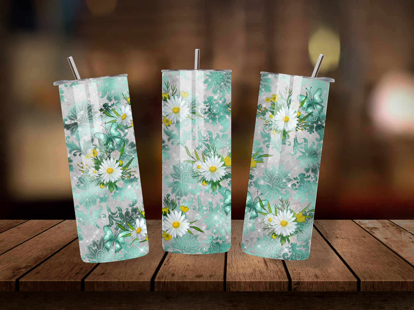 20oz Thermal Stainless Steel Tumbler & Straw, Green Daisy