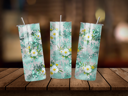 20oz Thermal Stainless Steel Tumbler & Straw, Green Daisy
