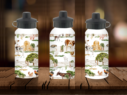 600ml Aluminium Water Bottle - Farm Animals Pattern