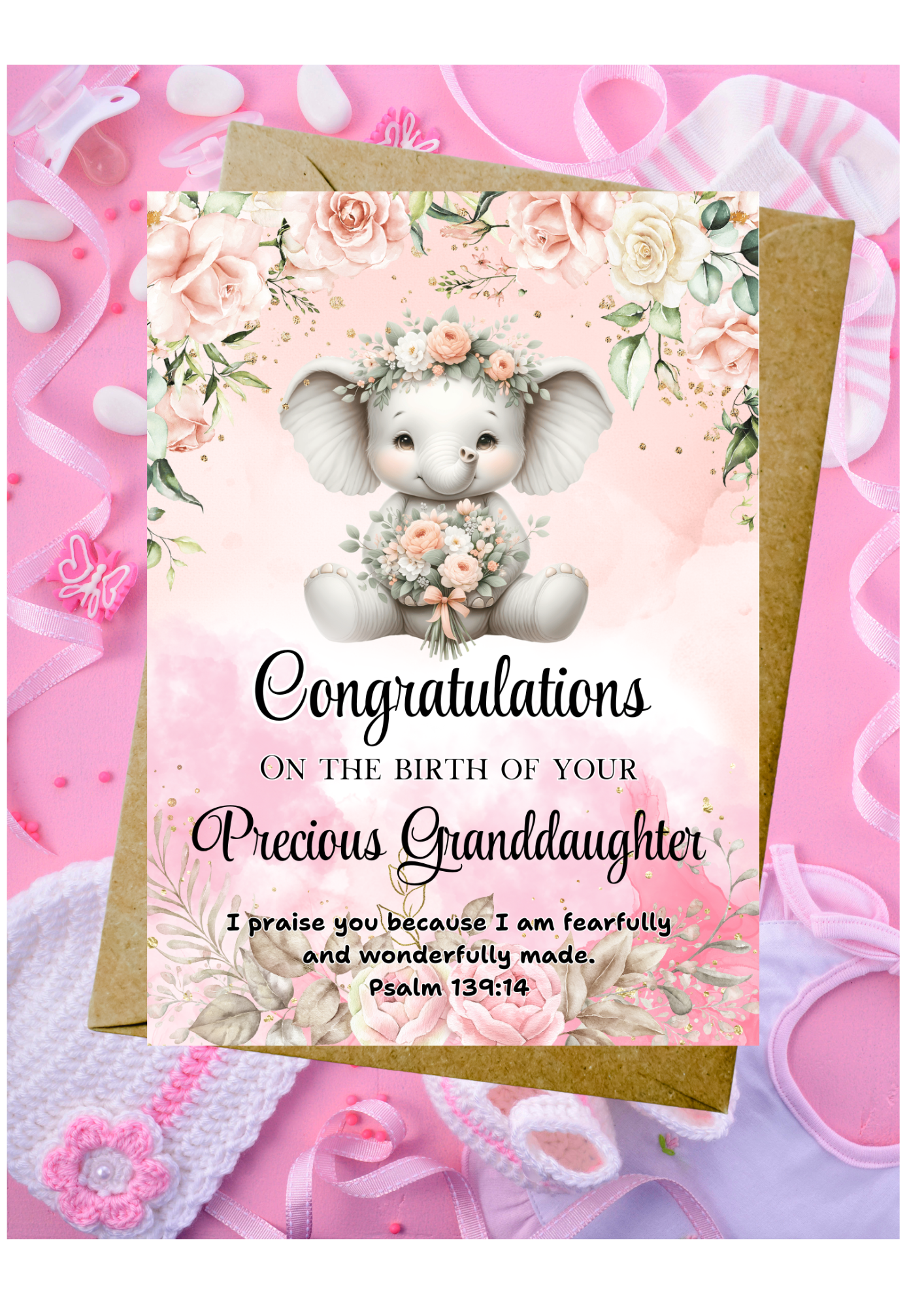 New Baby Granddaughter Card - Psalm 139:14 - Fearfully & Wonderfully Made