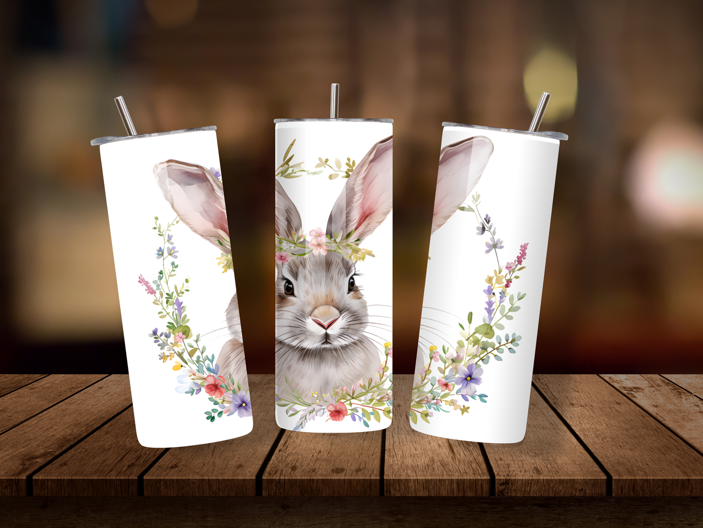20oz Thermal Stainless Steel Tumbler & Straw, Rabbit in Floral Wreath