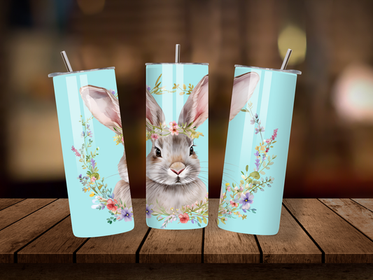 20oz Thermal Stainless Steel Tumbler & Straw, Rabbit in Floral Wreath