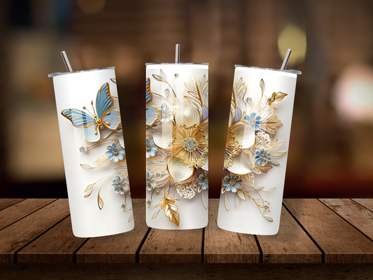 20oz Thermal Stainless Steel Tumbler & Straw, 3D Gold, Blue White Floral Butterflies