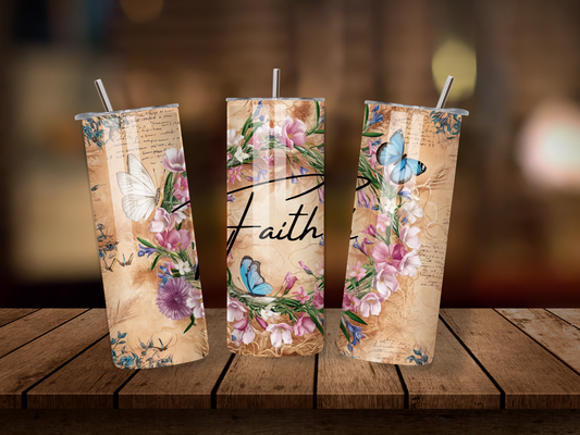 20oz Thermal Stainless Steel Tumbler & Straw, Vintage Floral FAITH