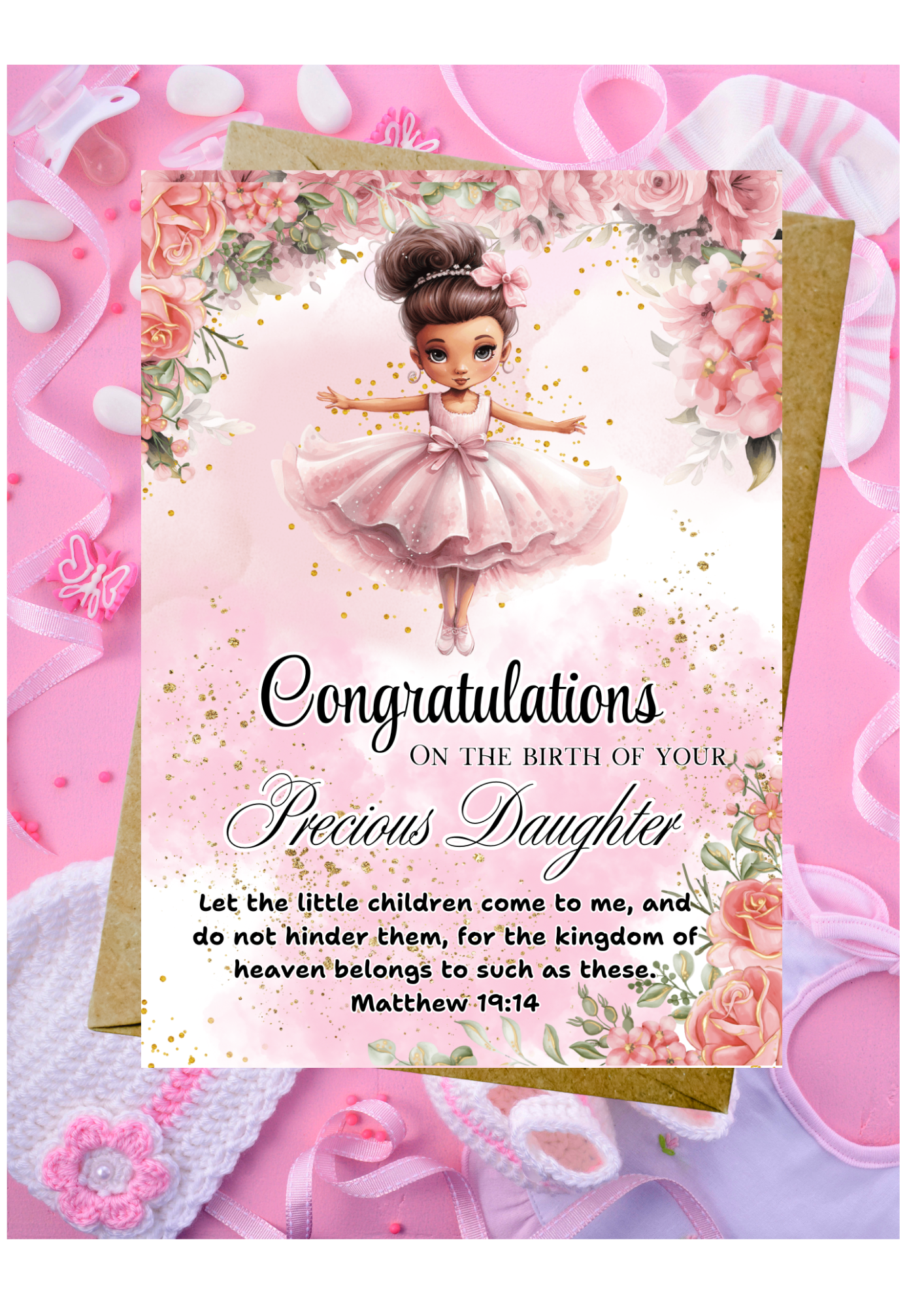 New Baby Daughter Card - Matthew 19:14 - Let The Little Children Come To Me