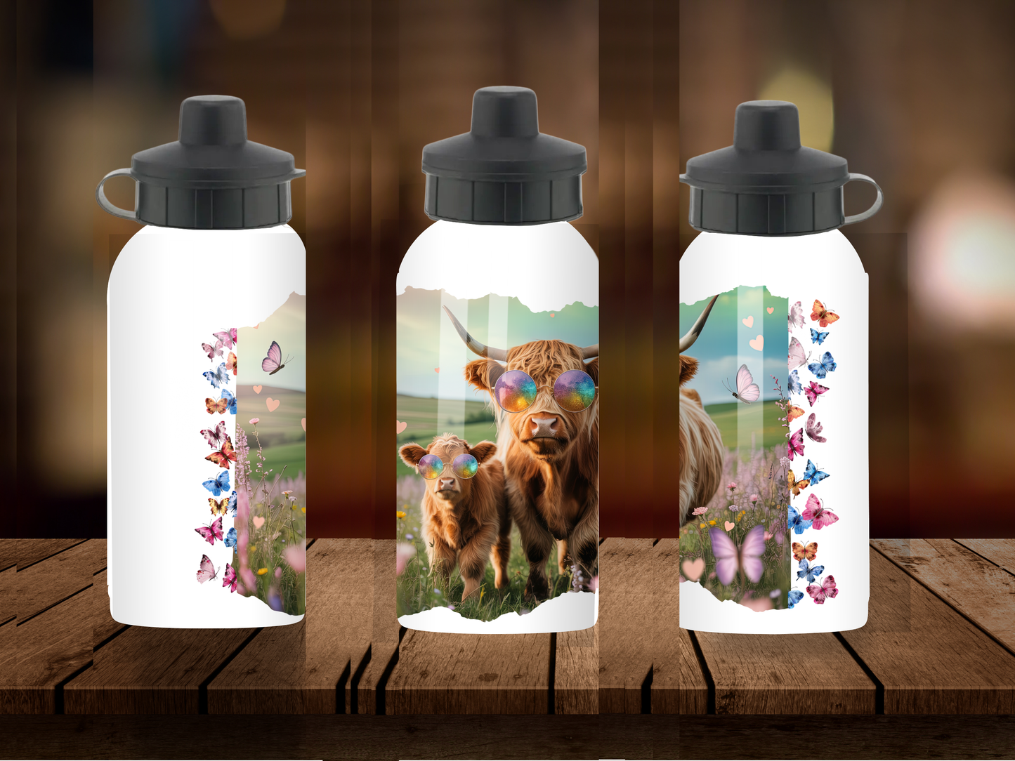 600ml Aluminium Water Bottle - Summer Highland Cow
