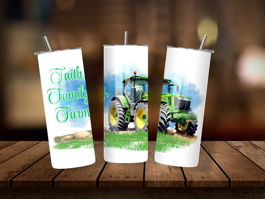 20oz Thermal Stainless Steel Tumbler & Straw, Faith, Family, Farm Green Tractor