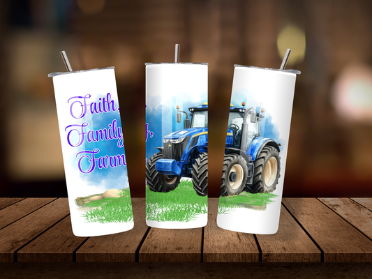 20oz Thermal Stainless Steel Tumbler & Straw, Faith, Family, Farm Blue Tractor