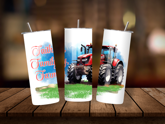 20oz Thermal Stainless Steel Tumbler & Straw, Faith, Family, Farm Red Tractor