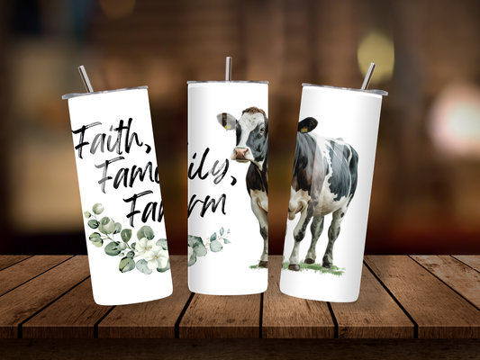 20oz Thermal Stainless Steel Tumbler & Straw, Faith, Family, Farm