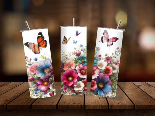 20oz Thermal Stainless Steel Tumbler & Straw, Wildflowers & Butterflies