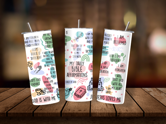 20oz Thermal Stainless Steel Tumbler & Straw, Bible Affirmations
