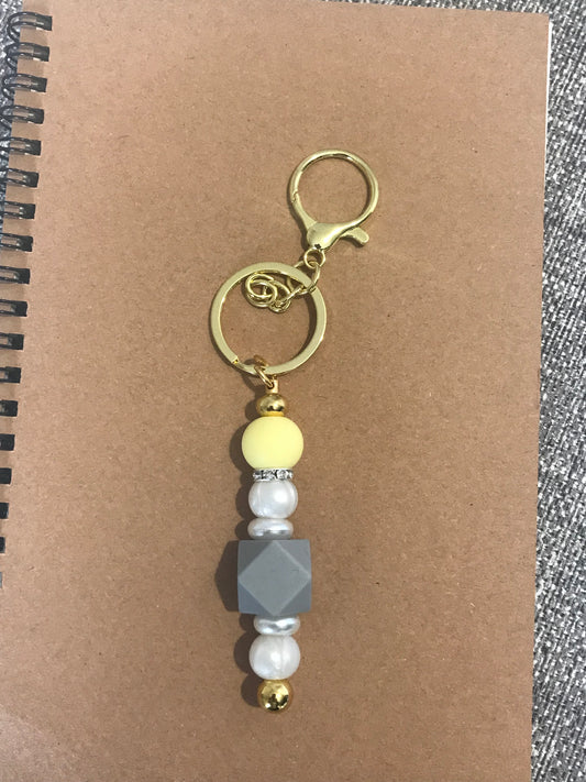 Yellow & Grey Faux Pearl Rhinestone Gold Keychain