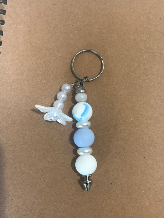 Blue White Beaded Keychain with Faux Pearl Flower