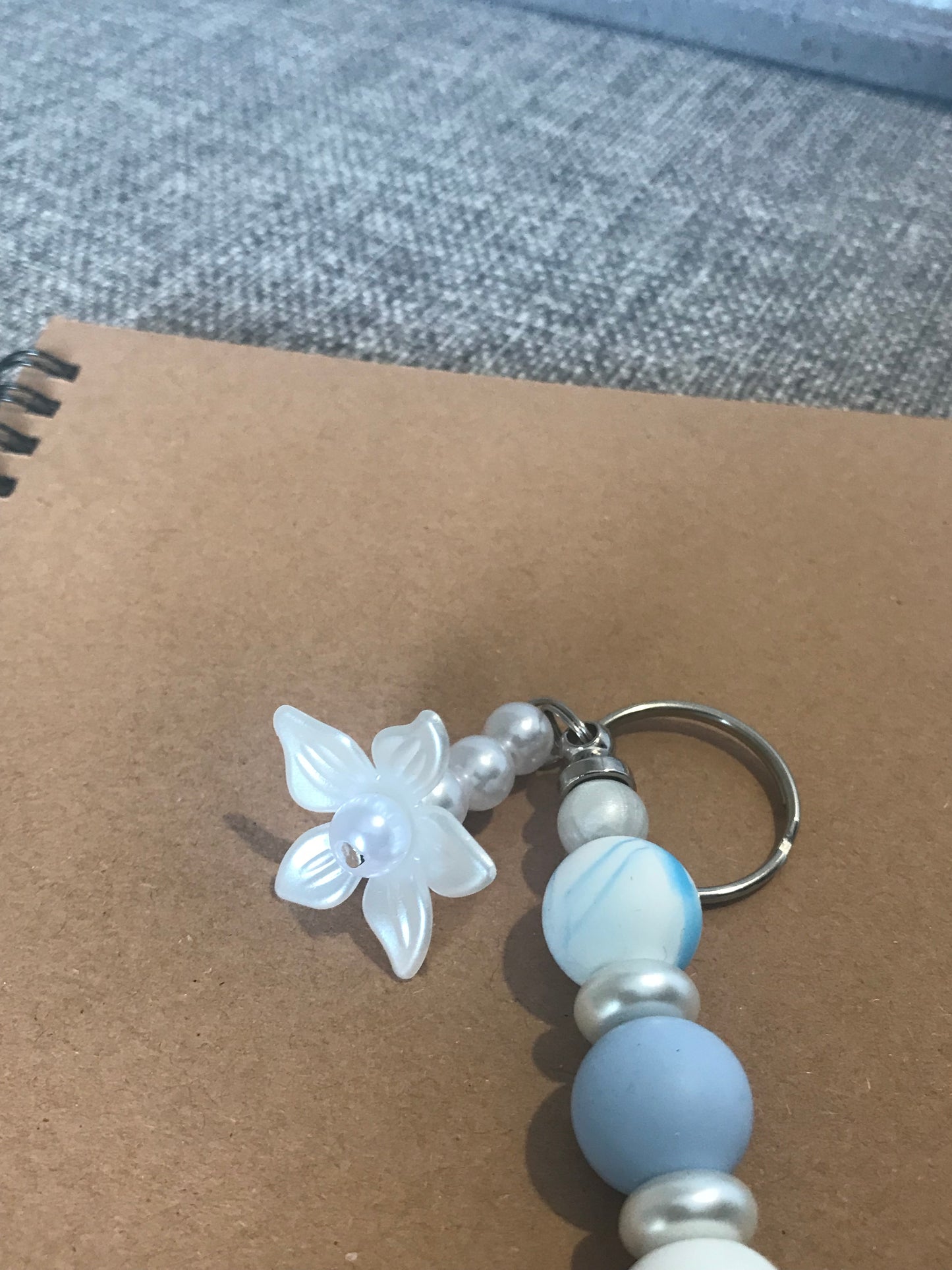 Blue White Beaded Keychain with Faux Pearl Flower