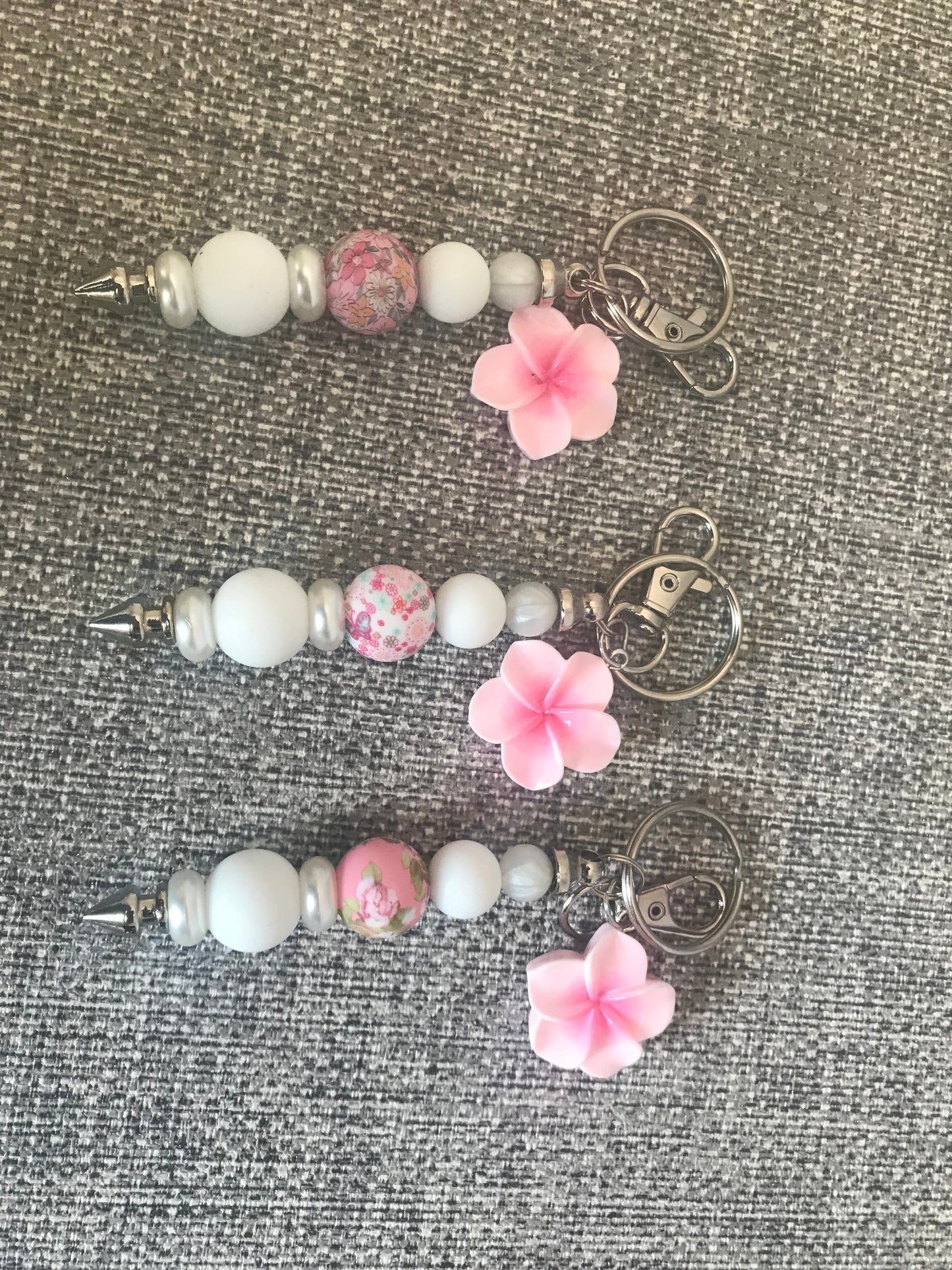 Pink White Floral Beaded Keychain with Flower