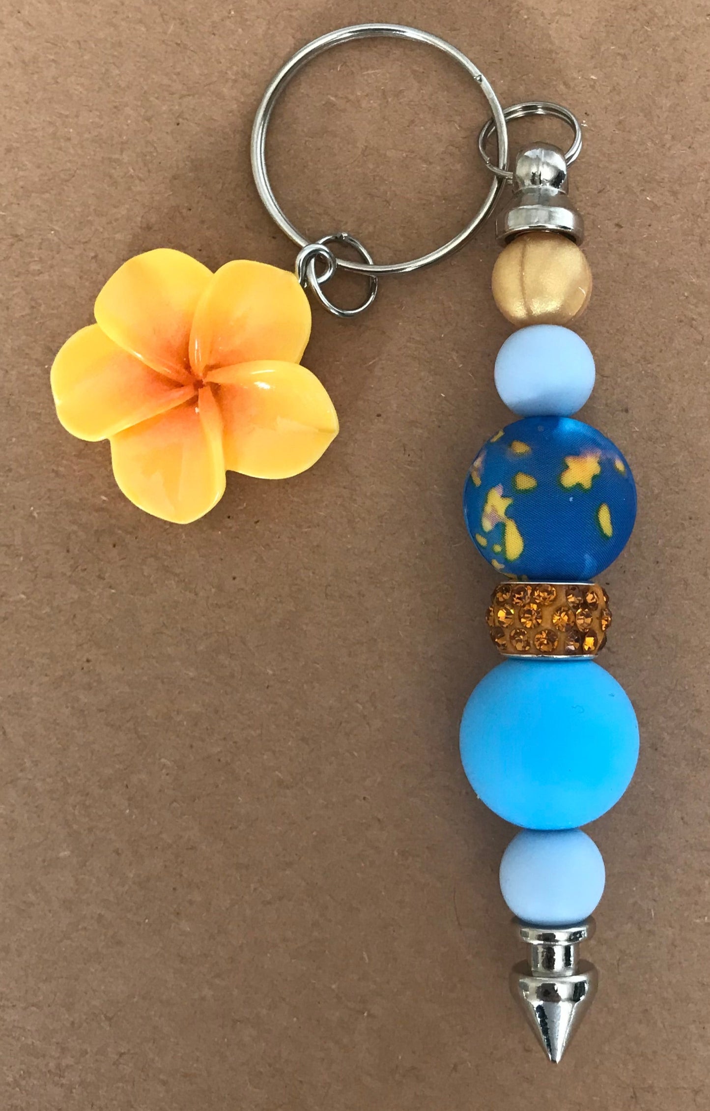 Blue Gold Marbled Beaded Keychain with Flower