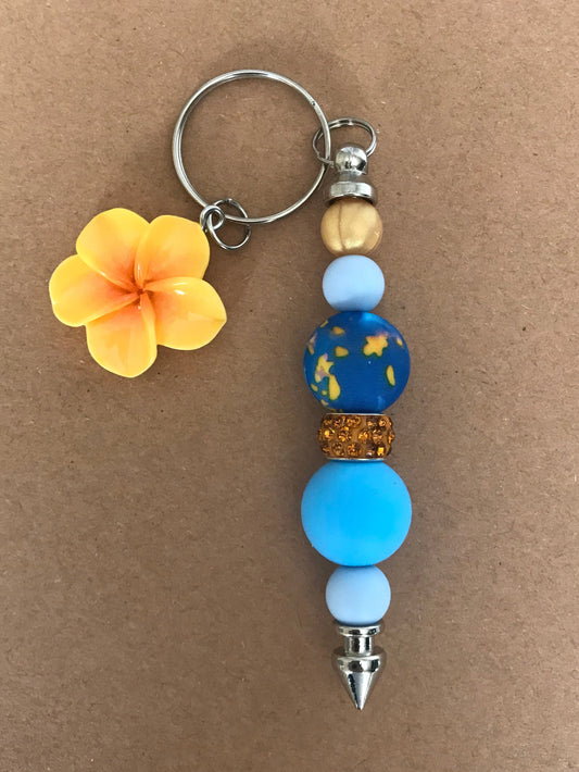 Blue Gold Marbled Beaded Keychain with Flower