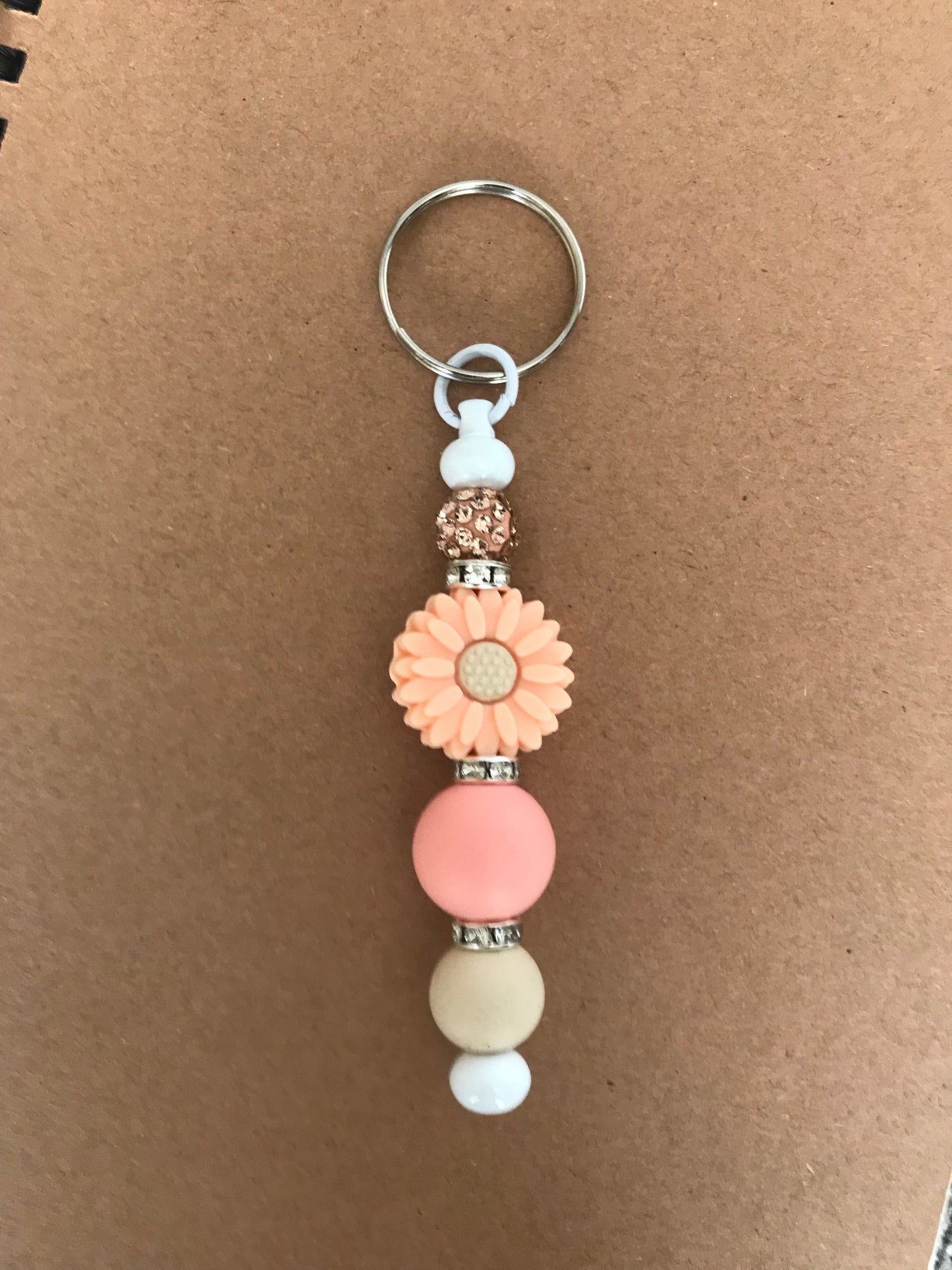 Peach Sunflower Rhinestine Beaded Keychain