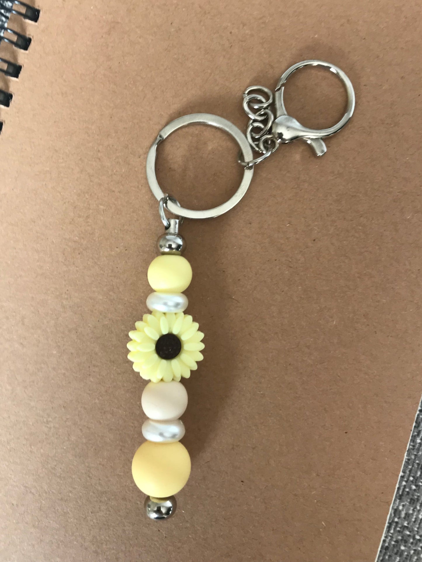 Pale Yellow Pearl Sunflower Beaded Keychain
