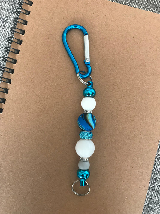 Blue Keychain with Blue Marble, White & Rhinestone Beads