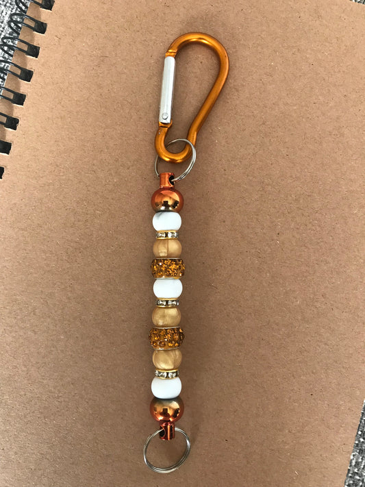 Bronze Carabiner Clip Keychain with Gold, White & Rhinestone Beads
