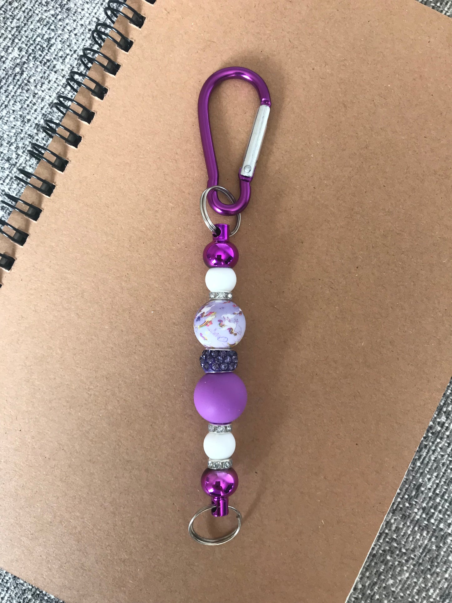 Purple Carabiner Clip Keychain with Unicorn Rhinestone Beads