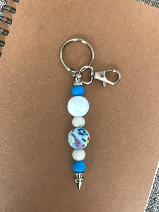 Blue Floral Beaded Keychain