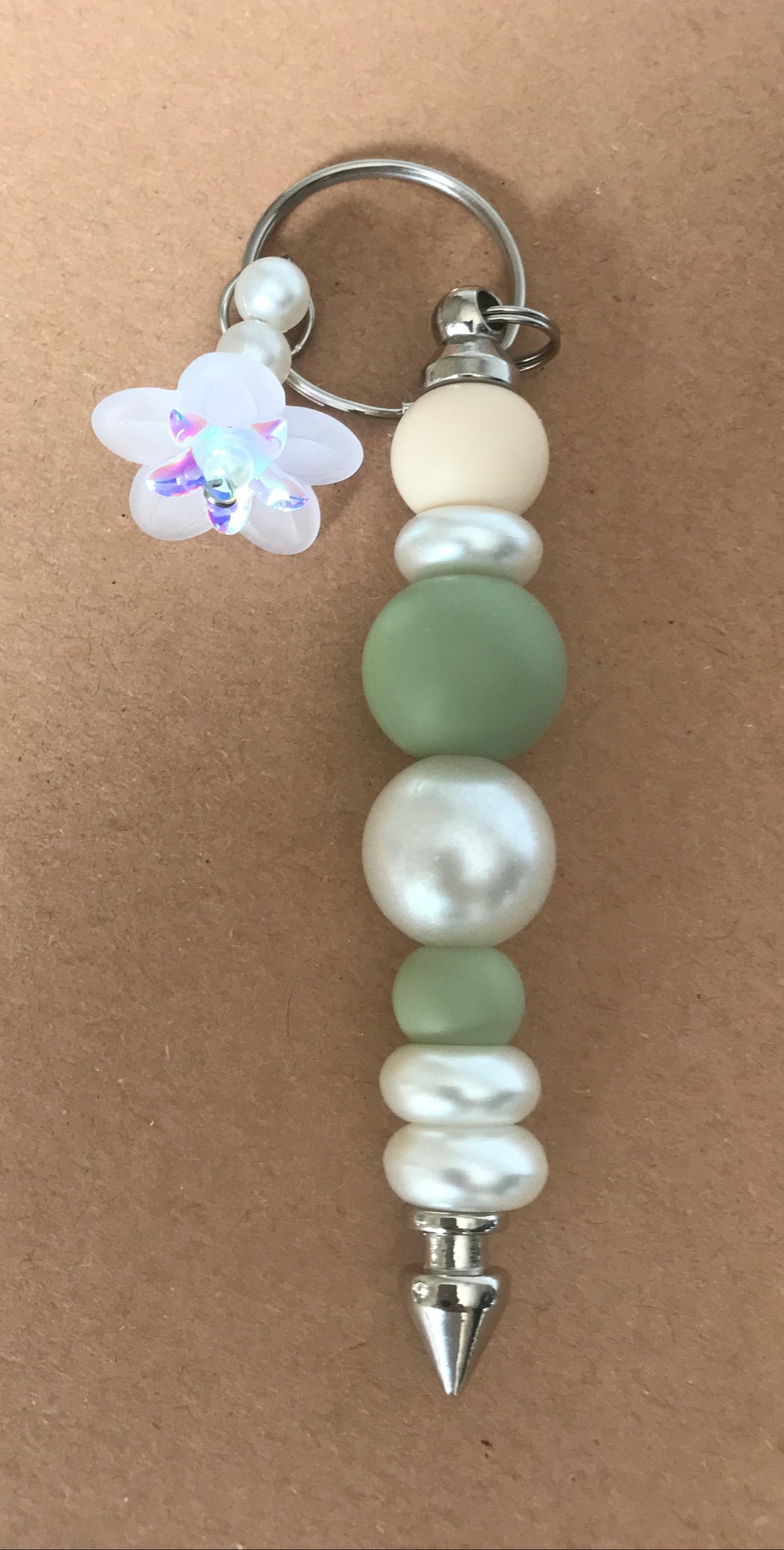 Pale Green, Beige & Pearl Beaded Keychain with flower faux pearl charm