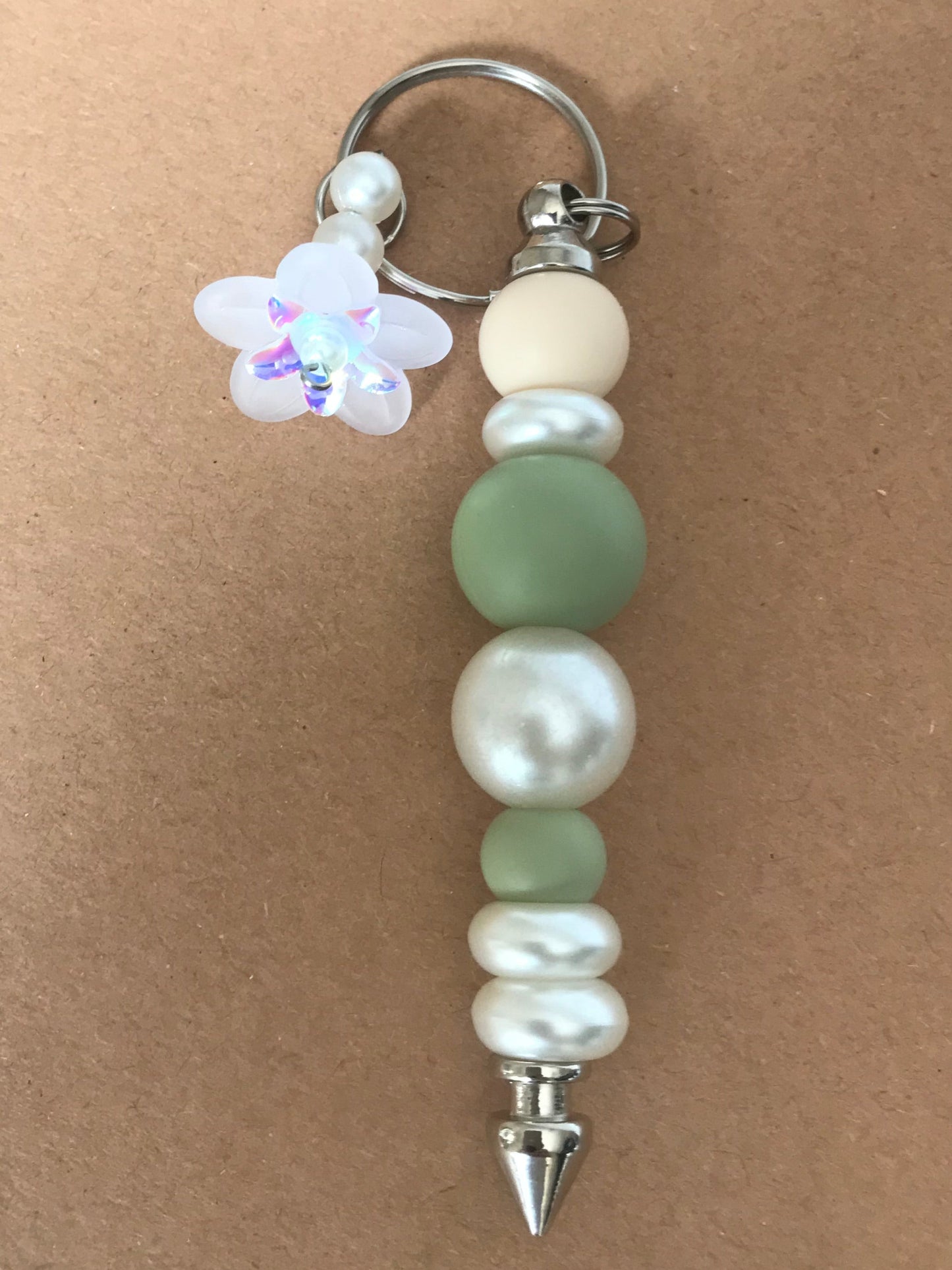 Pale Green, Beige & Pearl Beaded Keychain with flower faux pearl charm