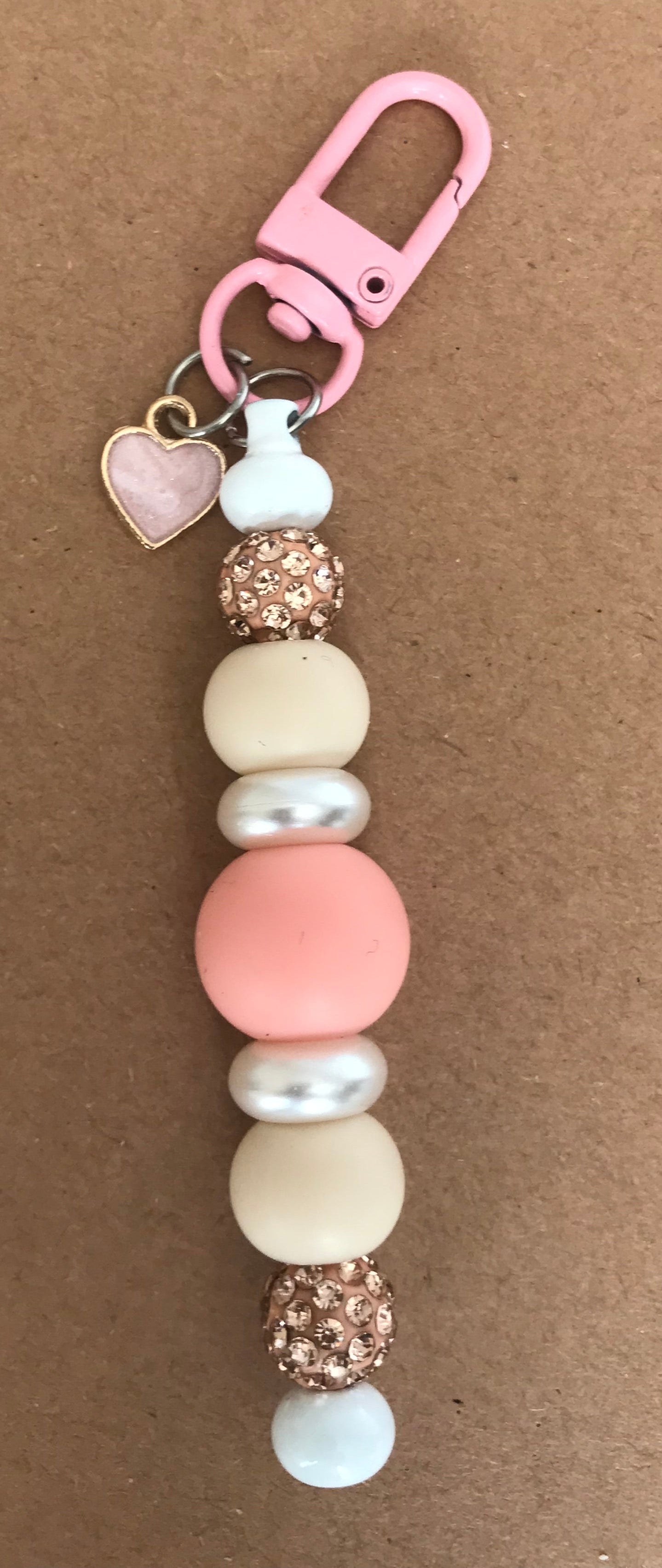 Coral, Beige, Pearl Rhinestone Beaded Loster Claw Keychain with heart