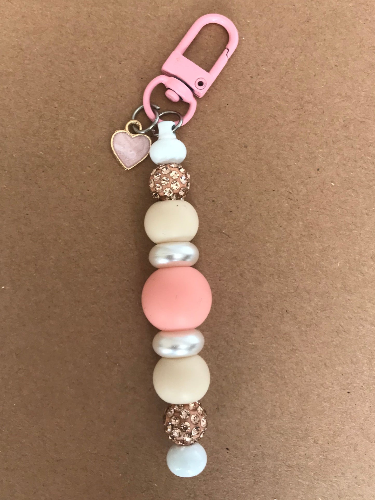 Coral, Beige, Pearl Rhinestone Beaded Loster Claw Keychain with heart