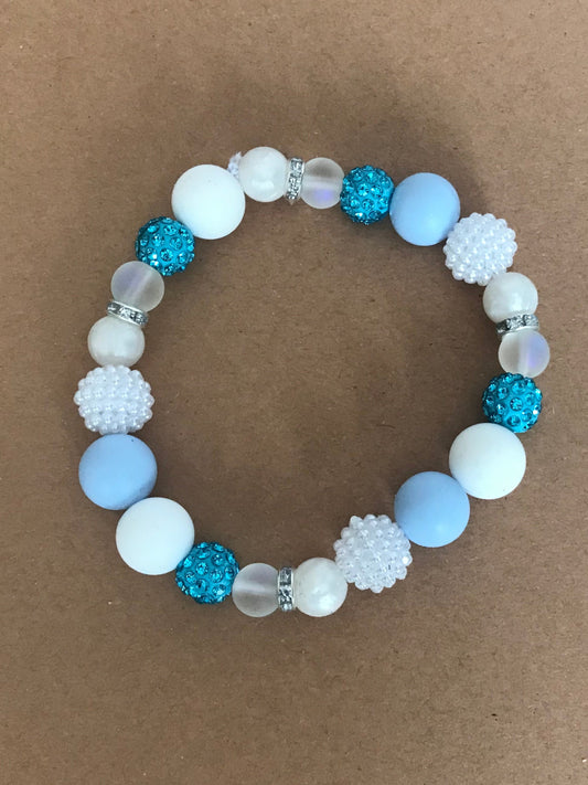 Blue & White, pearl, Rhinestone Elasticated Bracelet (S/M)