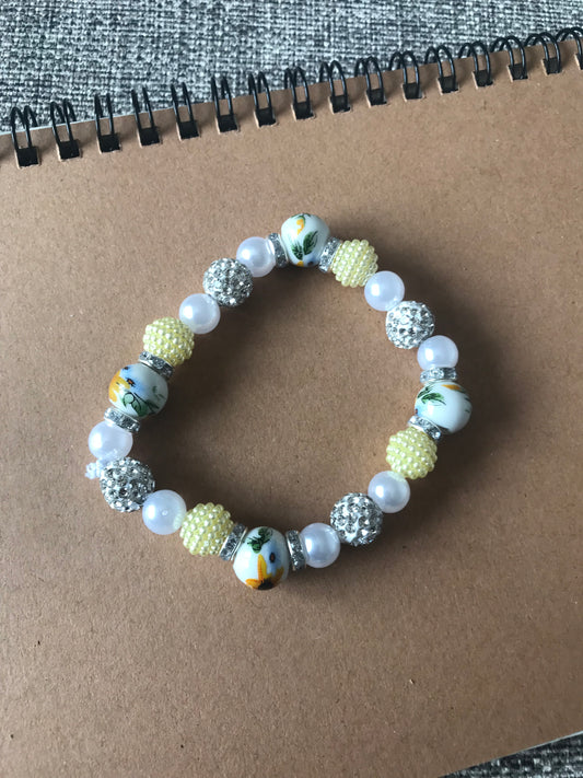 Yellow & White Sunflower, pearl, Rhinestone Elasticated Bracelet (S/M)