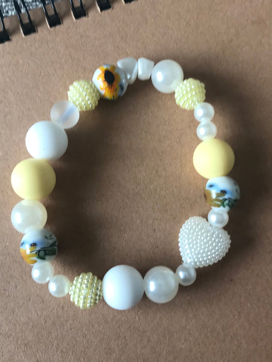 Yellow & White Sunflower, pearl, Rhinestone Elasticated Bracelet (S/M) with heart