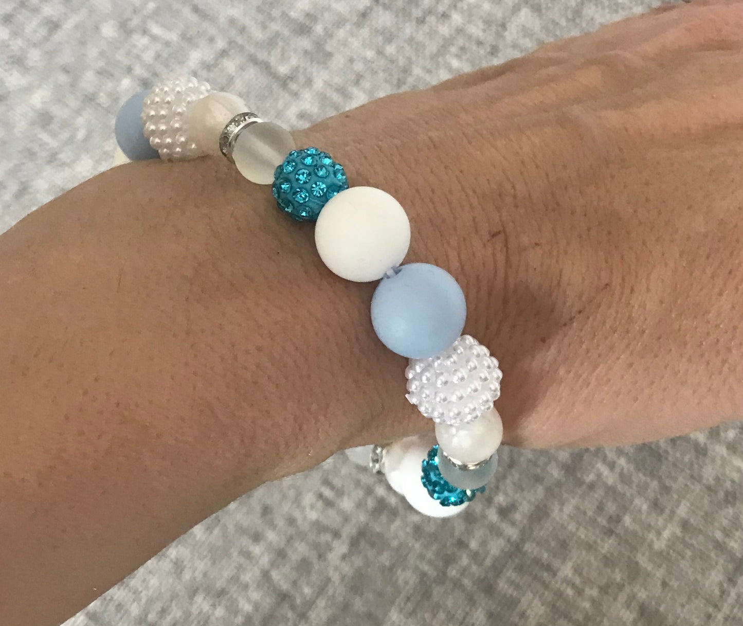 Blue & White, pearl, Rhinestone Elasticated Bracelet (S/M)