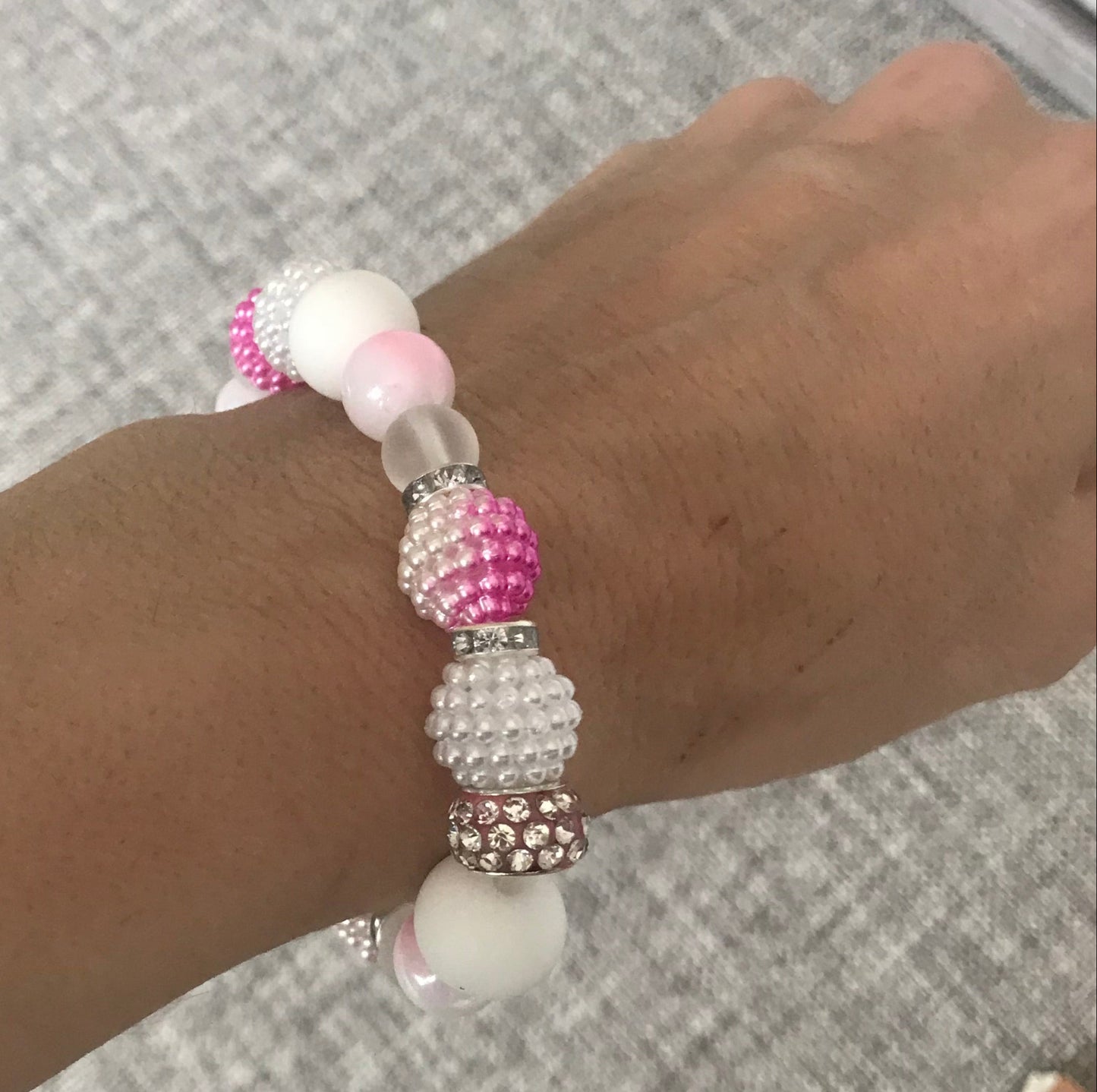 Pink & White, pearl, Rhinestone Elasticated Bracelet (S/M)