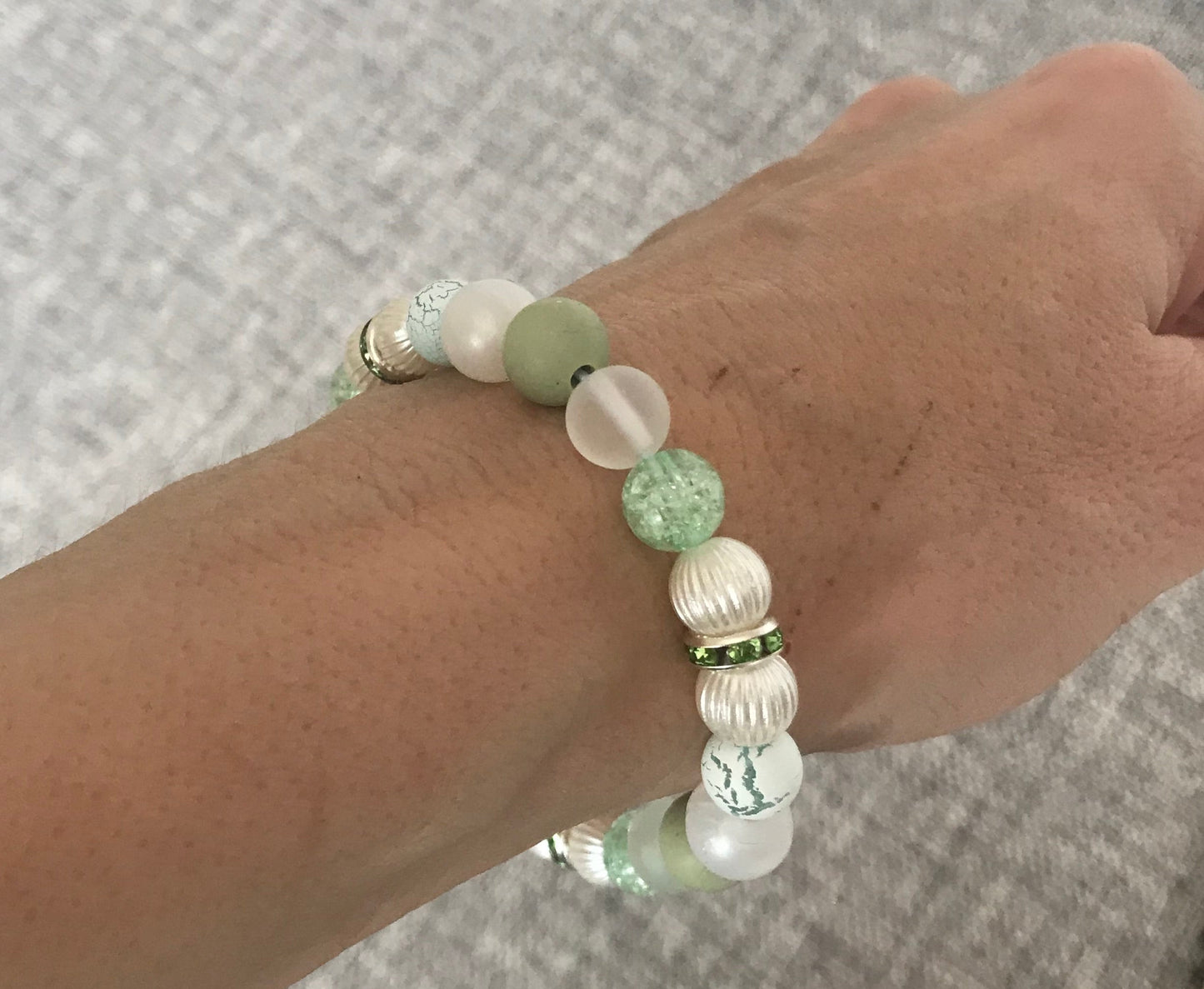 Spring Green, pearl, Rhinestone Elasticated Bracelet (S/M)