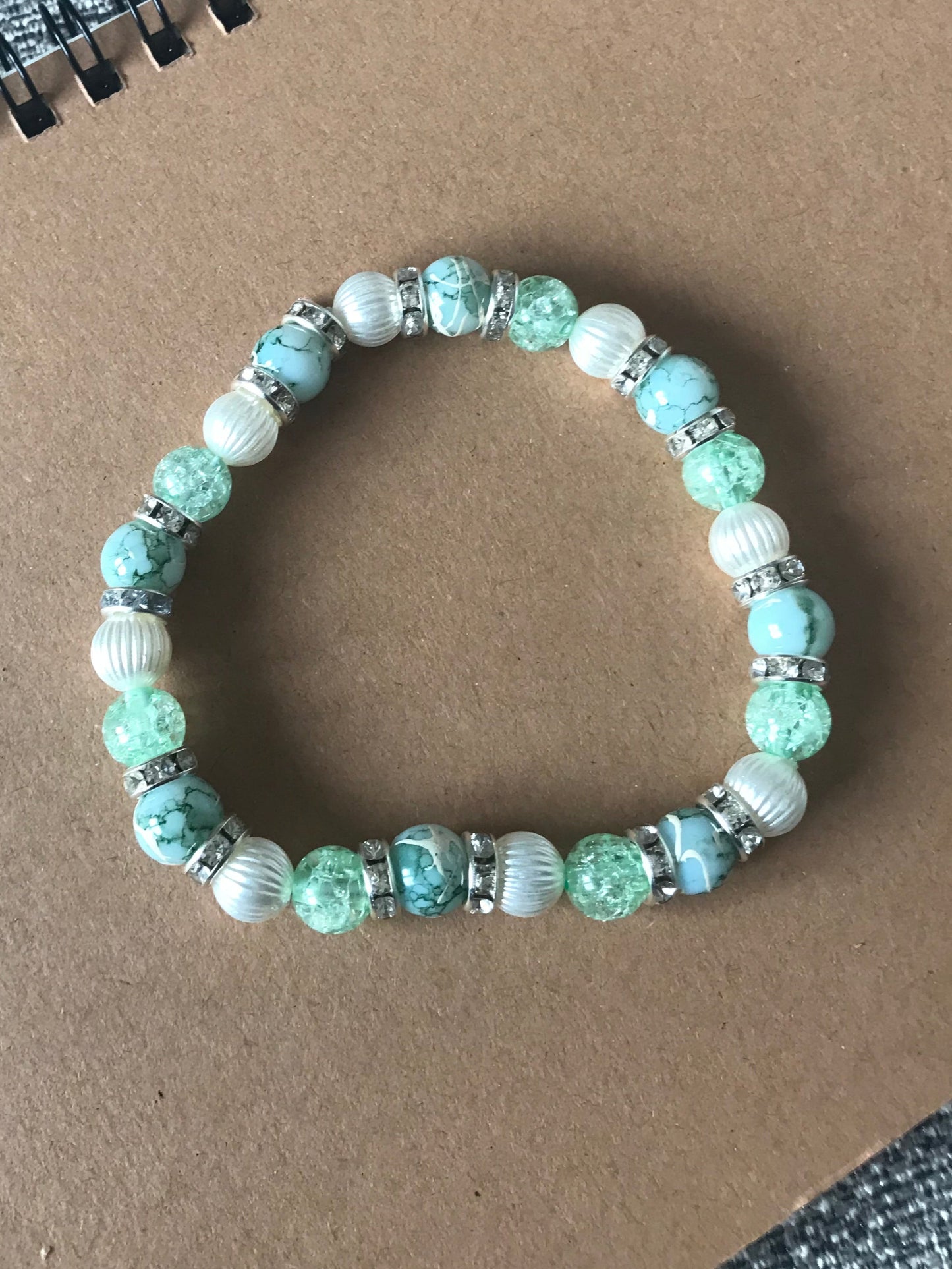 Green marble, pearl, Rhinestone Elasticated Bracelet (S/M)