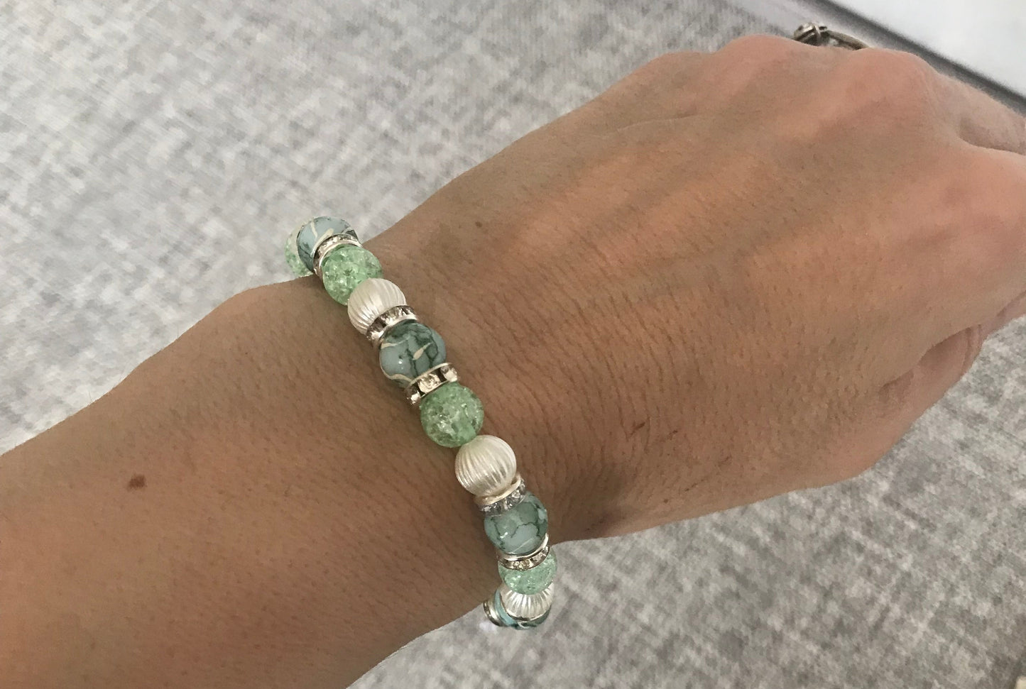 Green marble, pearl, Rhinestone Elasticated Bracelet (S/M)