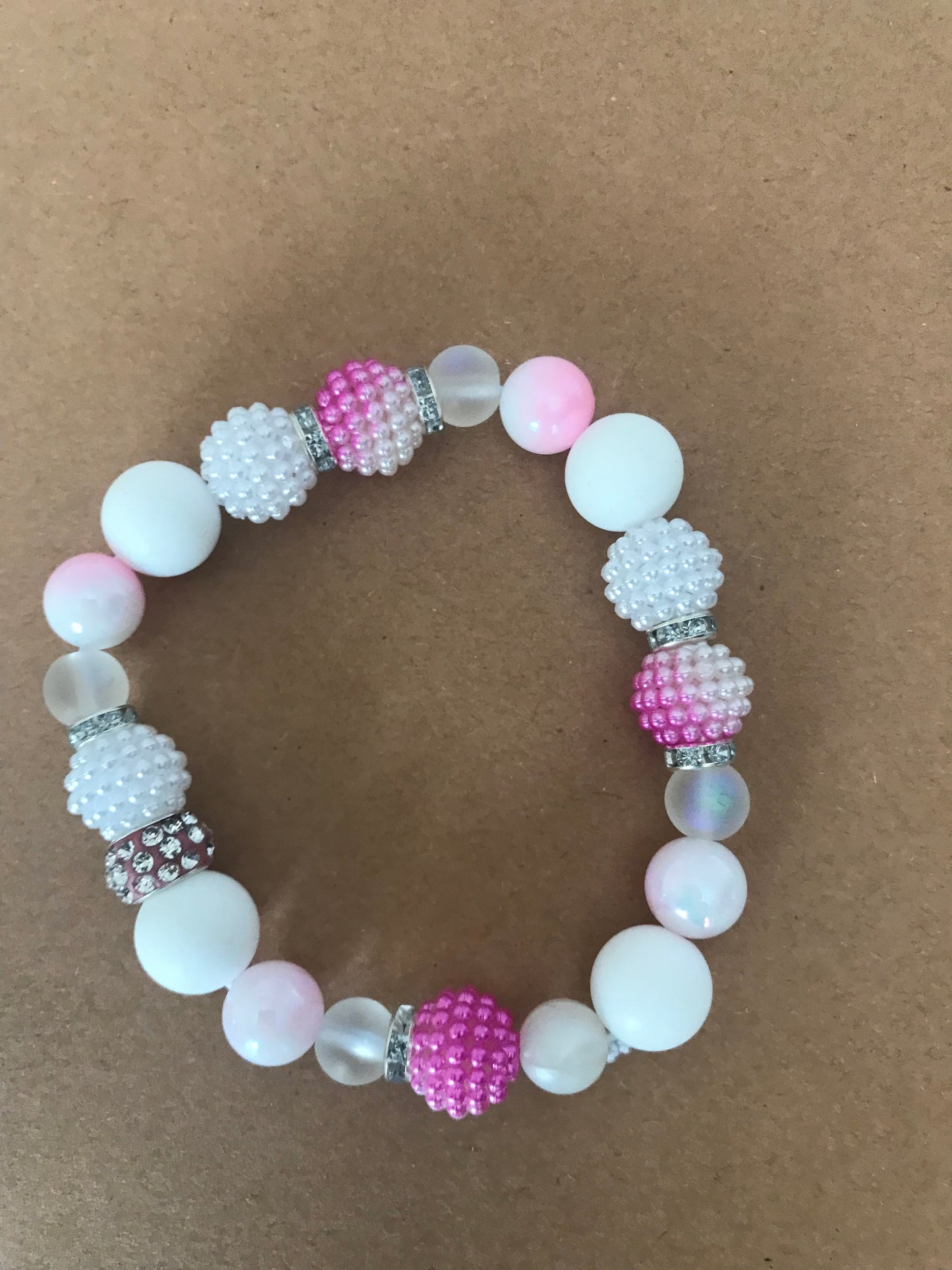 Pink & White, pearl, Rhinestone Elasticated Bracelet (S/M)