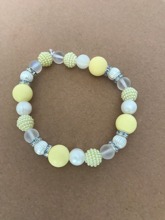 Yellow & White, pearl, Rhinestone Elasticated Bracelet (S/M)