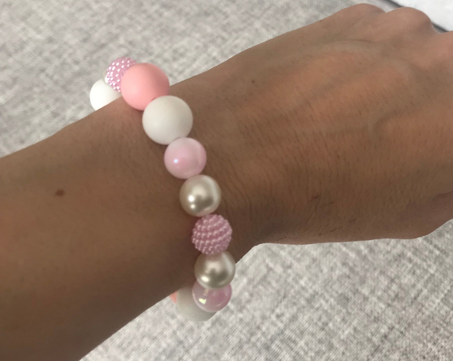Pink & White, pearl, Rhinestone Elasticated Bracelet (S/M)