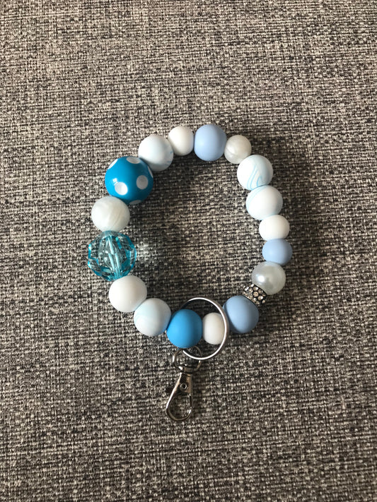 Beaded Wristlet Keychain - Blue White Spots