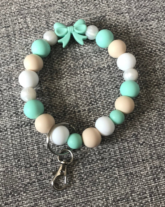 Beaded Wristlet Keychain - Cyan Green White Beige With Bow