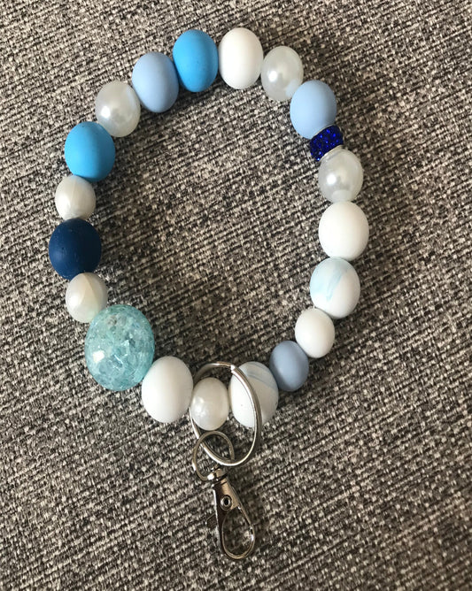 Beaded Wristlet Keychain - Blue White Marble