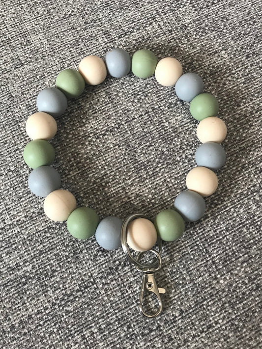 Beaded Wristlet Keychain - Spring Green, Beige & Grey