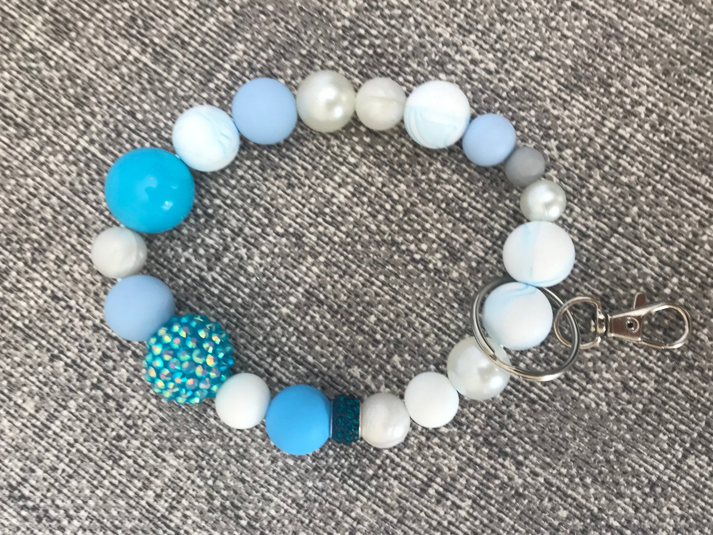 Beaded Wristlet Keychain - Blue White Sparkle