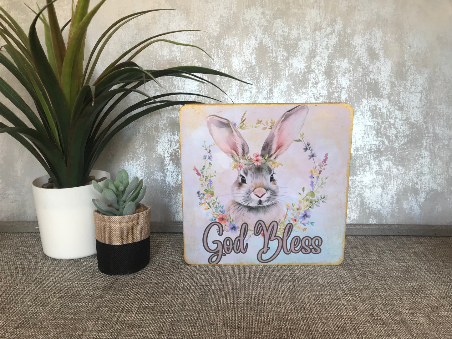 God Bless Wooden Freestanding Plaque with Floral Rabbit 20x20cm