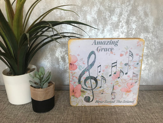 Amazing Grace with Music Notes Wooden Freestanding Plaque 20x20cm